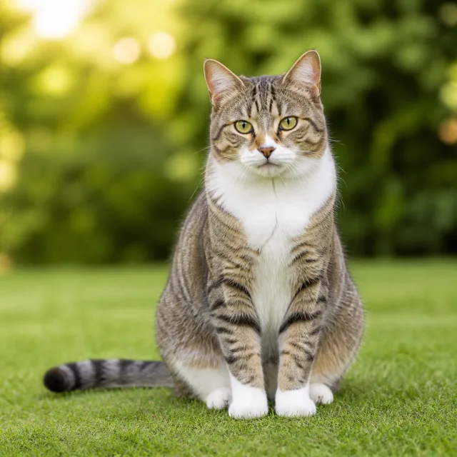 Calm tabby cat sitting on grass for the bilingual Cat and बिरालो lesson
