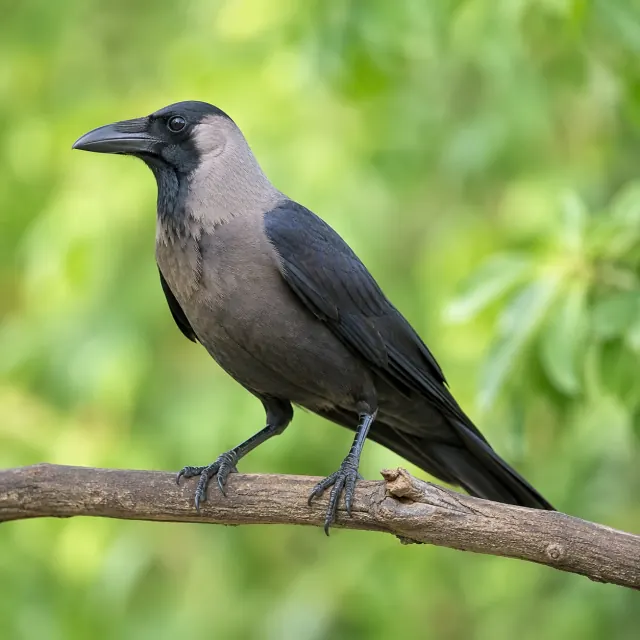 House crow with a black head and grey neck on a branch for the bilingual Crow and काग lesson