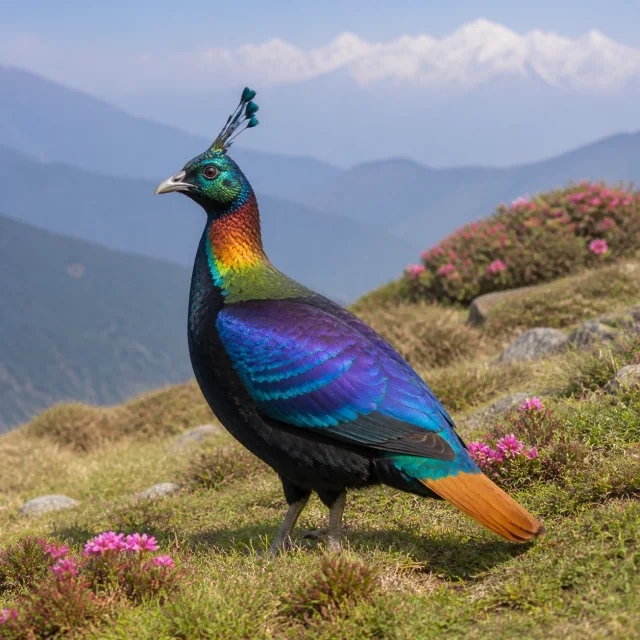 Colorful male Himalayan monal in an alpine meadow for the bilingual Danphe and डाँफे lesson