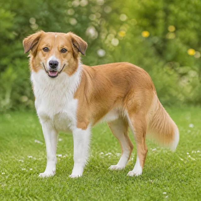 Friendly brown and white dog in a green garden for the bilingual Dog and कुकुर lesson