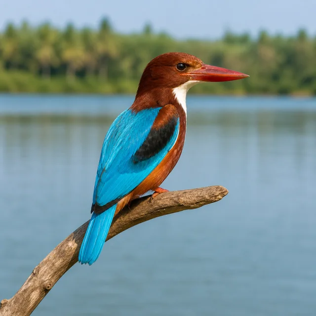 White-throated kingfisher on a branch near water for the bilingual Kingfisher and माछा मार्ने चरा lesson