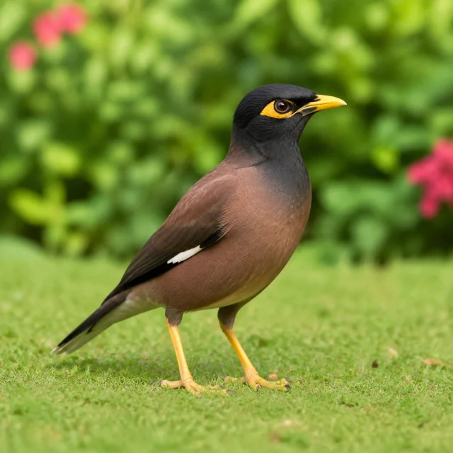 Common myna standing on grass for the bilingual Common Myna and मैना lesson