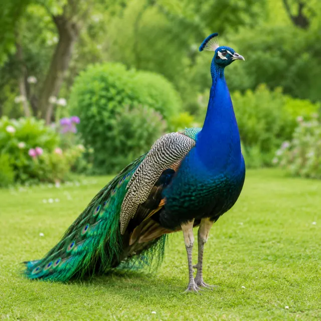 Male peacock with a folded colorful train for the bilingual Peacock and मयूर lesson