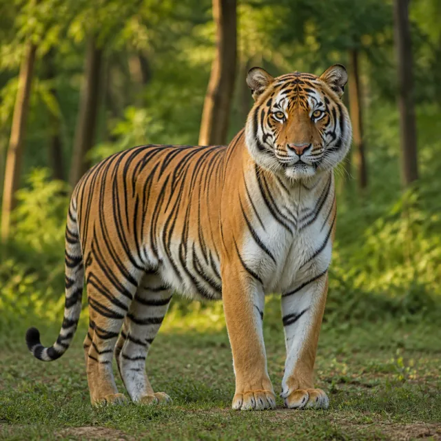 Bengal tiger standing calmly in a green forest for the bilingual Tiger and बाघ lesson