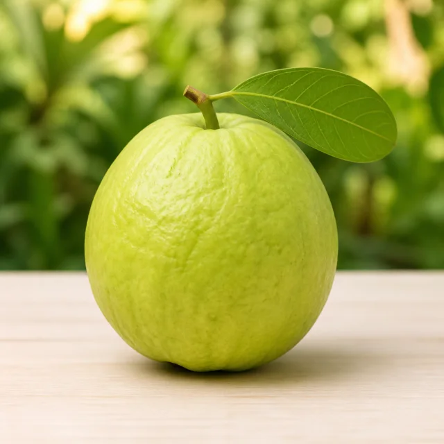 Whole ripe light green guava with a leaf for the bilingual Guava and अम्बा lesson