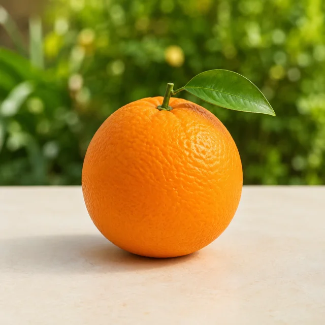 Whole ripe orange with a green leaf for the bilingual Orange and सुन्तला lesson