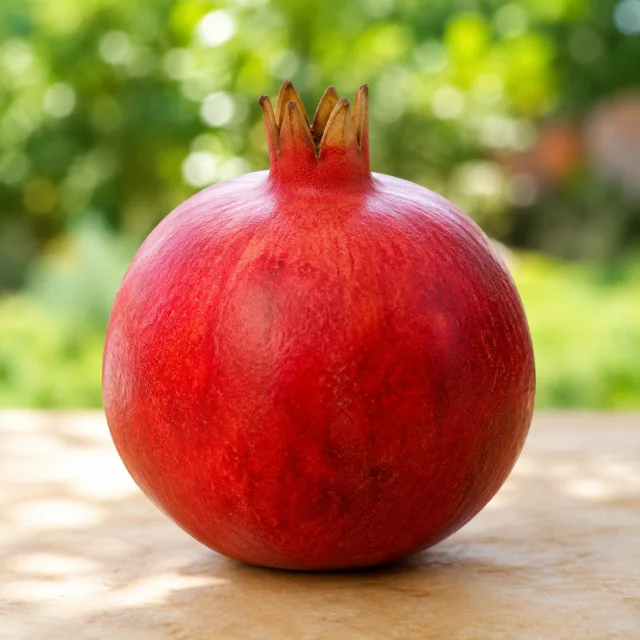 Whole ripe deep red pomegranate for the bilingual Pomegranate and अनार lesson