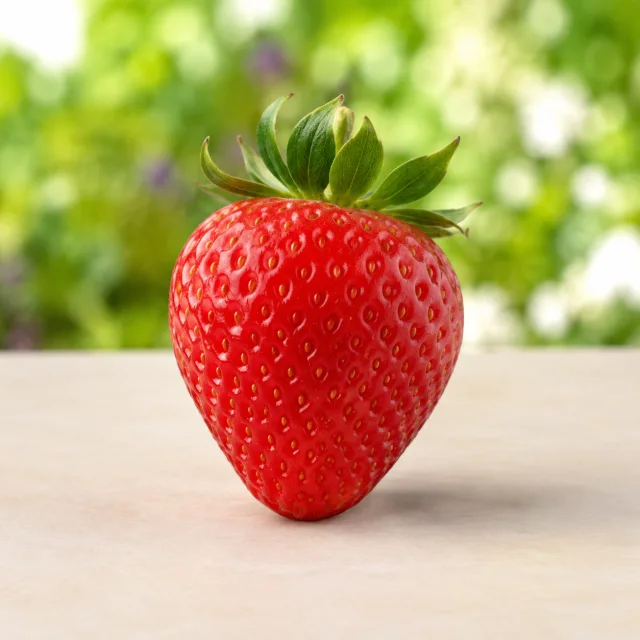 Whole ripe red strawberry with a leafy cap for the bilingual Strawberry and स्ट्रबेरी lesson