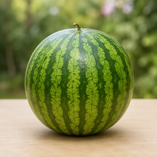 Whole striped watermelon for the bilingual Watermelon and तरबुजा lesson