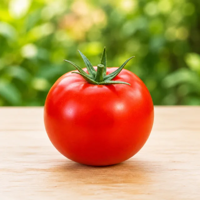 Ripe red tomato with a green stem for the bilingual Tomato and गोलभेँडा lesson