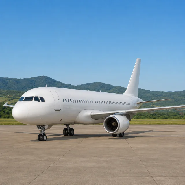 White passenger airplane safely parked near green hills for the bilingual Airplane and हवाईजहाज lesson