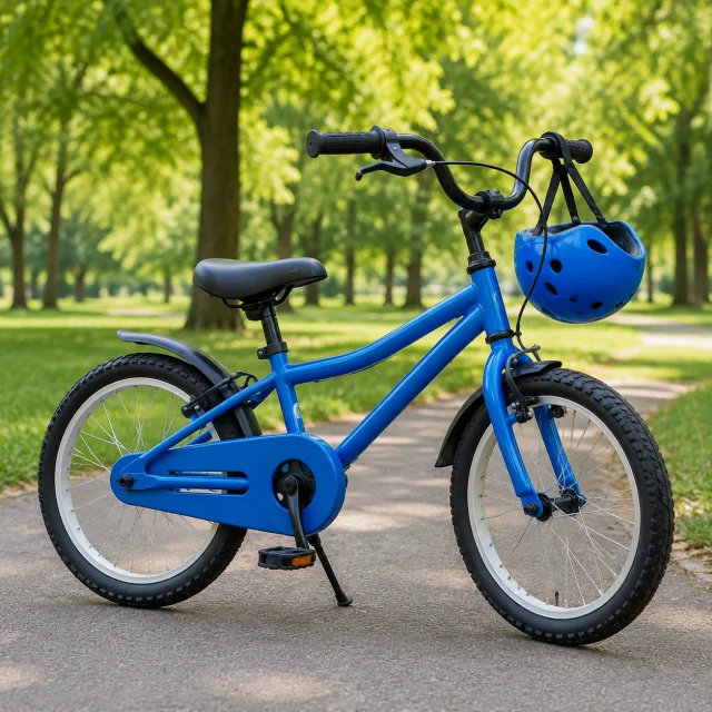 Blue child-sized bicycle with a helmet on a park path for the bilingual Bicycle and साइकल lesson