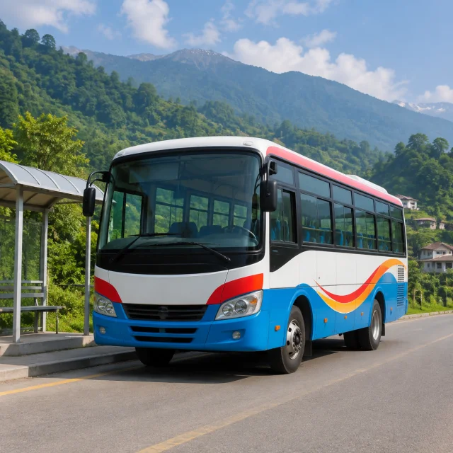 Colorful passenger bus safely stopped in a green valley for the bilingual Bus and बस lesson