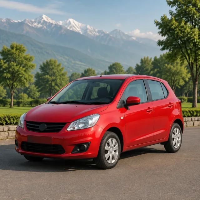 Red family car parked safely beside a green park for the bilingual Car and कार lesson