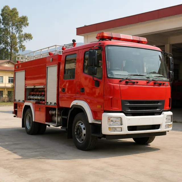 Red fire engine safely parked at a fire station for the bilingual Fire Engine and दमकल lesson
