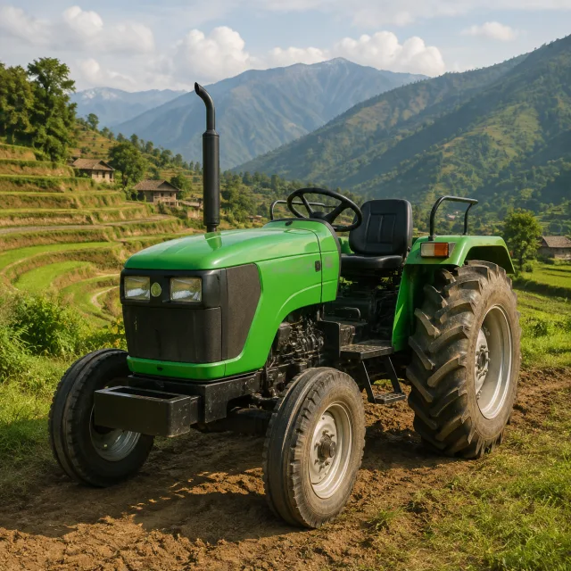 Green tractor in a terraced Nepal farm for the bilingual Tractor and ट्र्याक्टर lesson