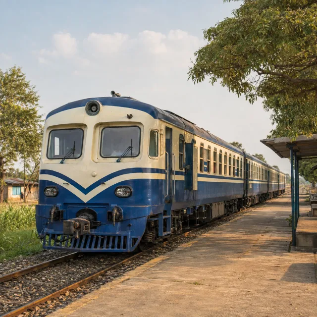 Blue and cream passenger train safely stopped at a platform for the bilingual Train and रेलगाडी lesson